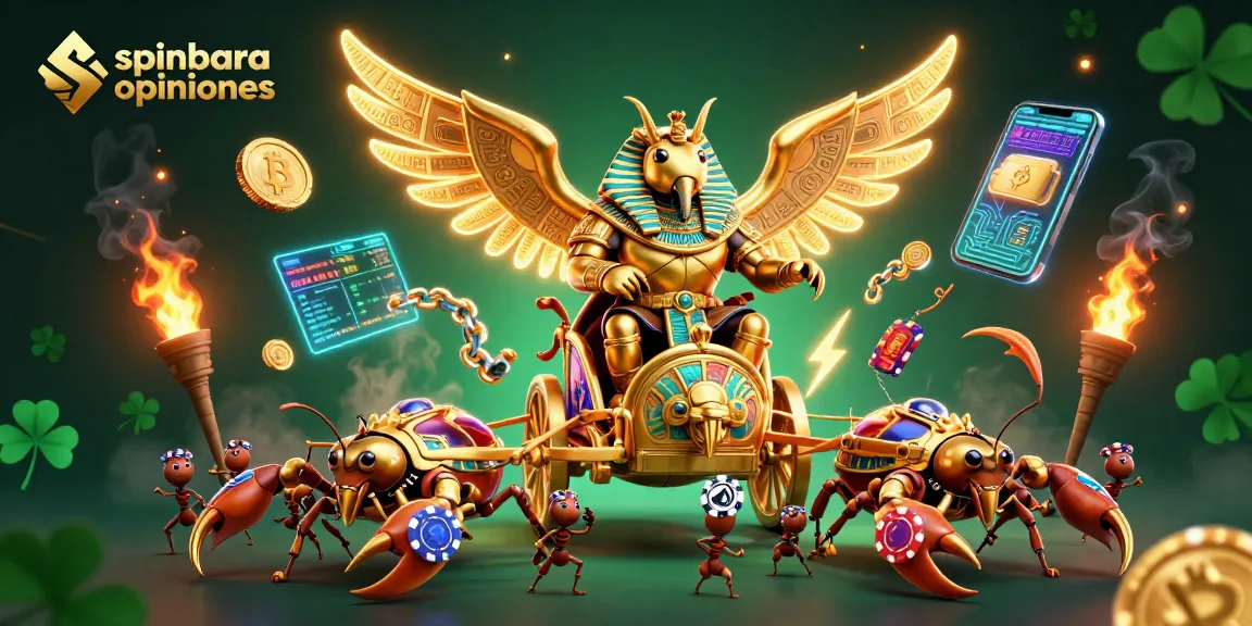 Spinbara opiniones review showcasing a dynamic 3D illustration of a scarab beetle and crypto coins amidst casino elements.