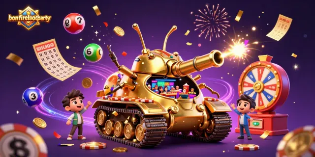 Experience the excitement of bonfireblockparty with a vibrant 3D casino scene full of confetti and winning elements.