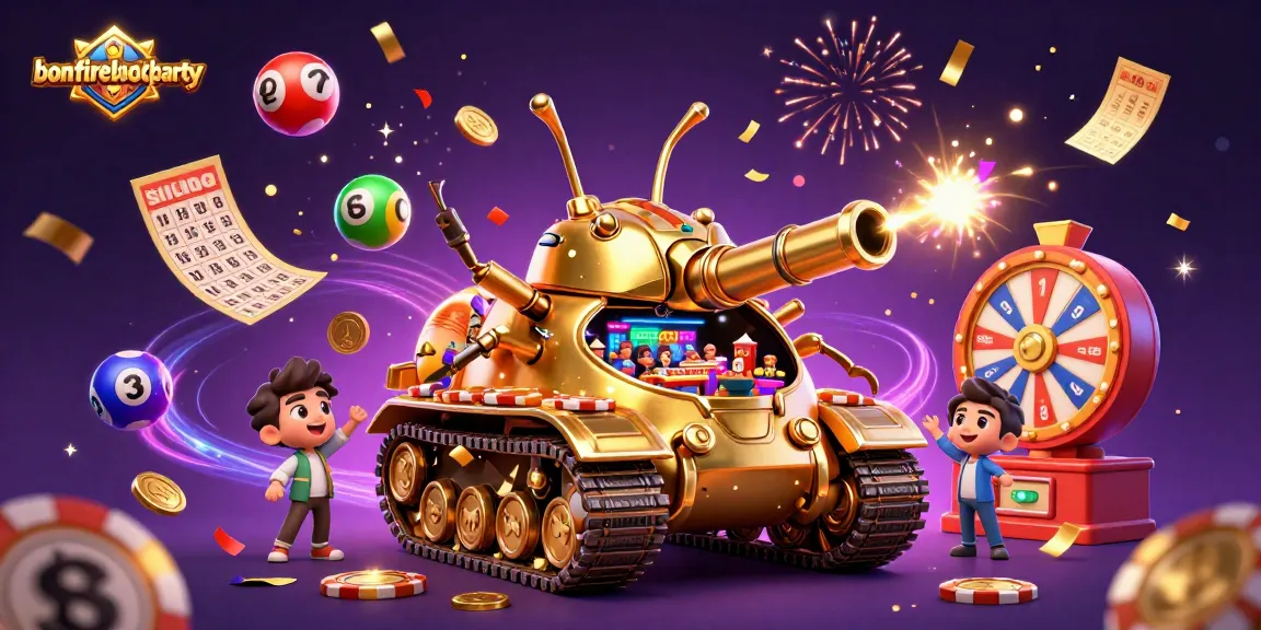 Experience the excitement of bonfireblockparty with a vibrant 3D casino scene full of confetti and winning elements.