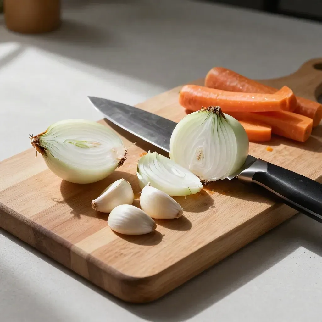 Tabla de cortar con cebolla abierta, ajo, zanahoria y cuchillo en una cocina tenue