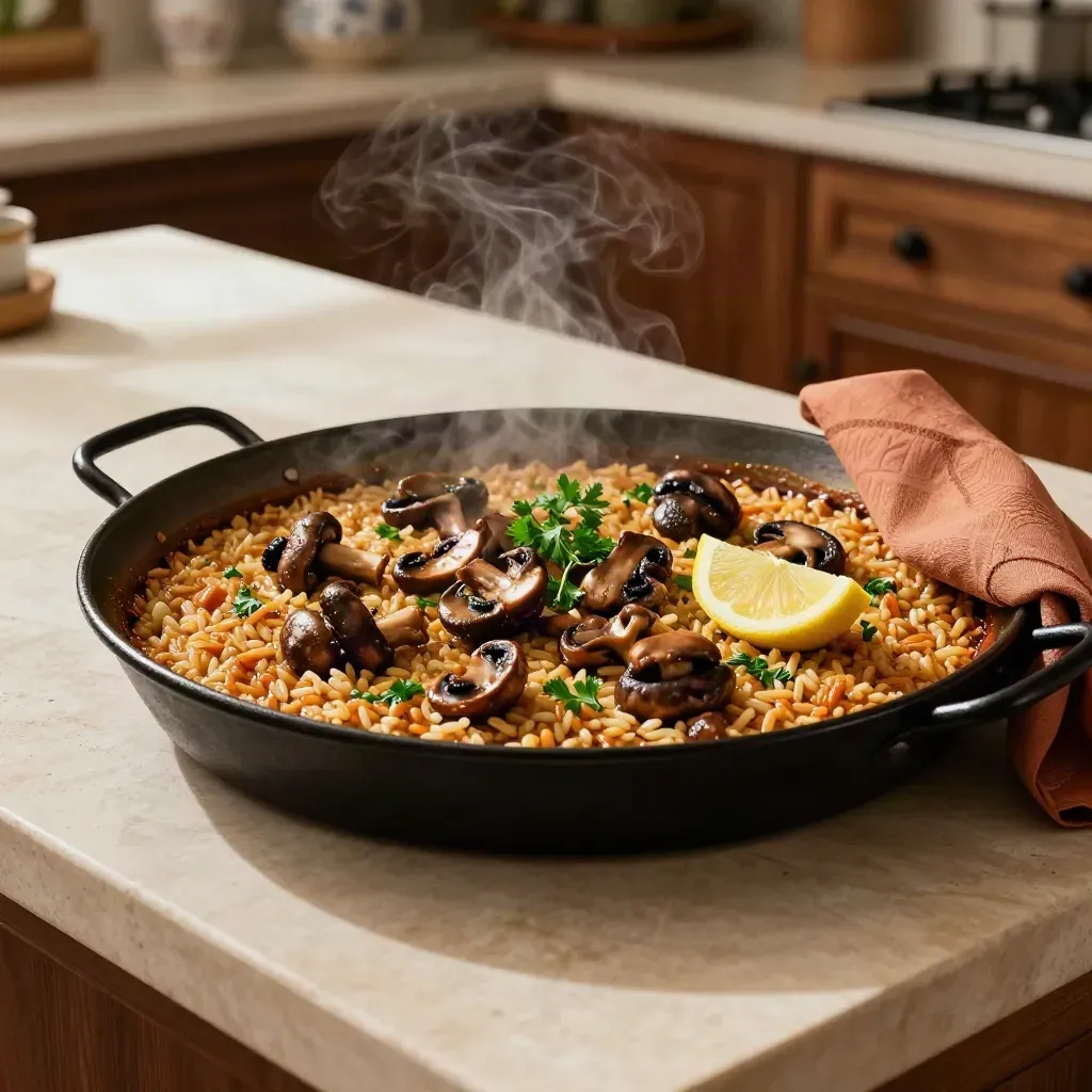 Arroz meloso de setas en paellera negra con limón, perejil y servilleta de lino arrugada.