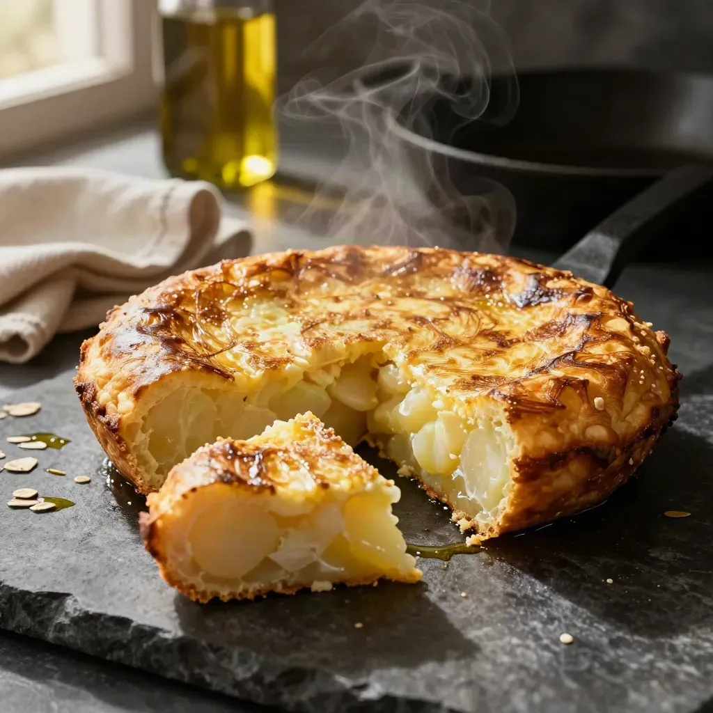 Tortilla española jugosa cortada, con patata visible y sartén de hierro sobre piedra oscura.