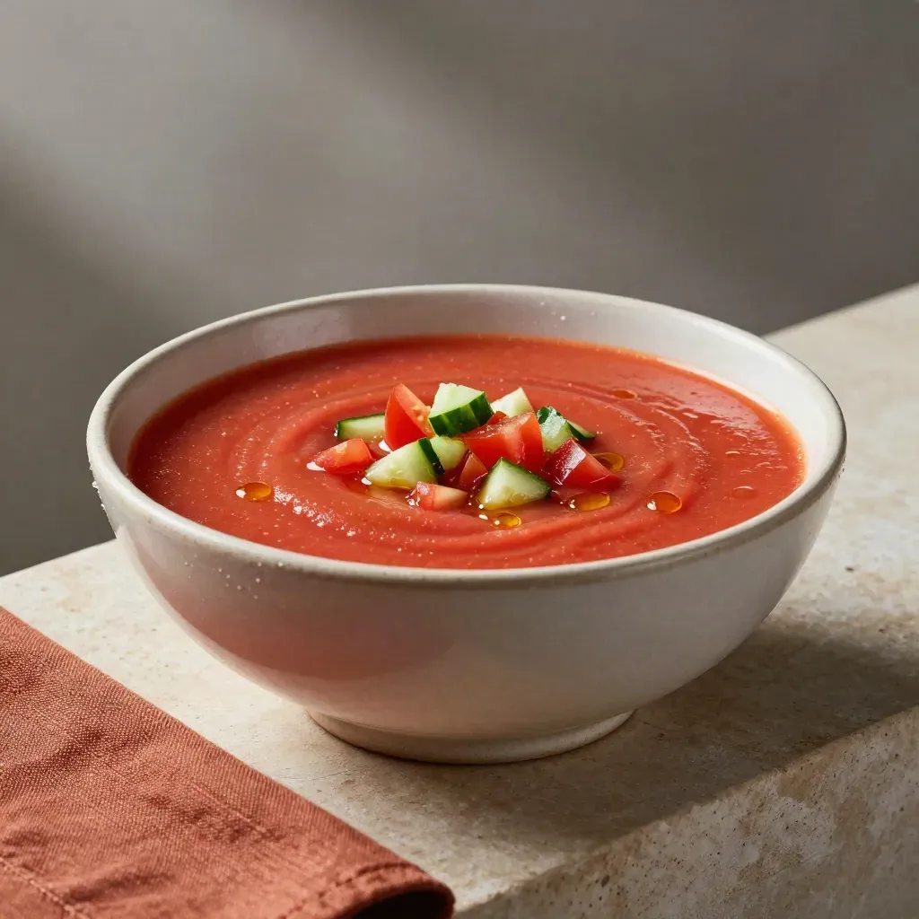 Gazpacho fino en cuenco cerámico frío, con pepino, tomate y gotas de aceite.
