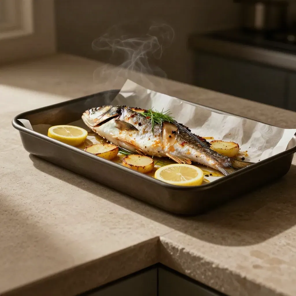 Pescado al horno con patatas finas, limón y hinojo en una bandeja, con vapor cálido.