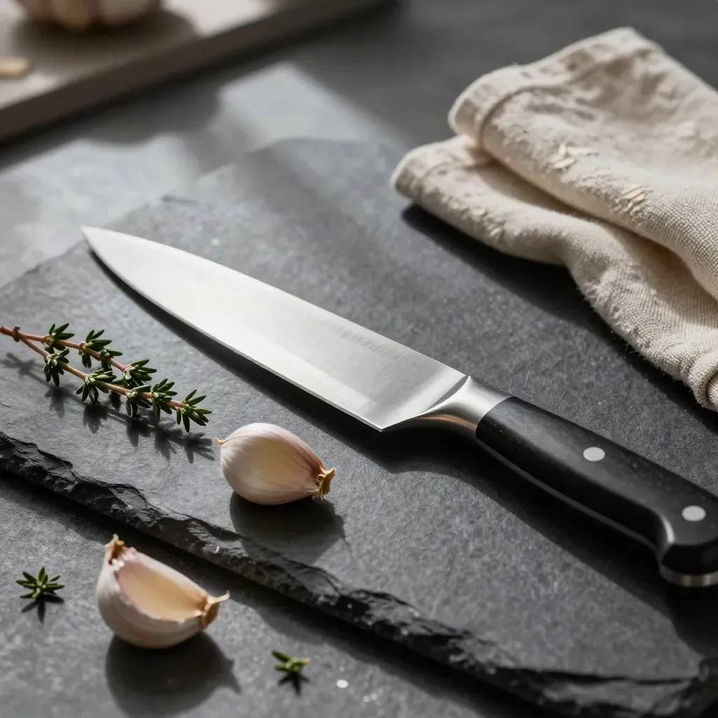 Cuchillo de chef sobre piedra con ajo, tomillo y paño doblado, en luz lateral dramática.