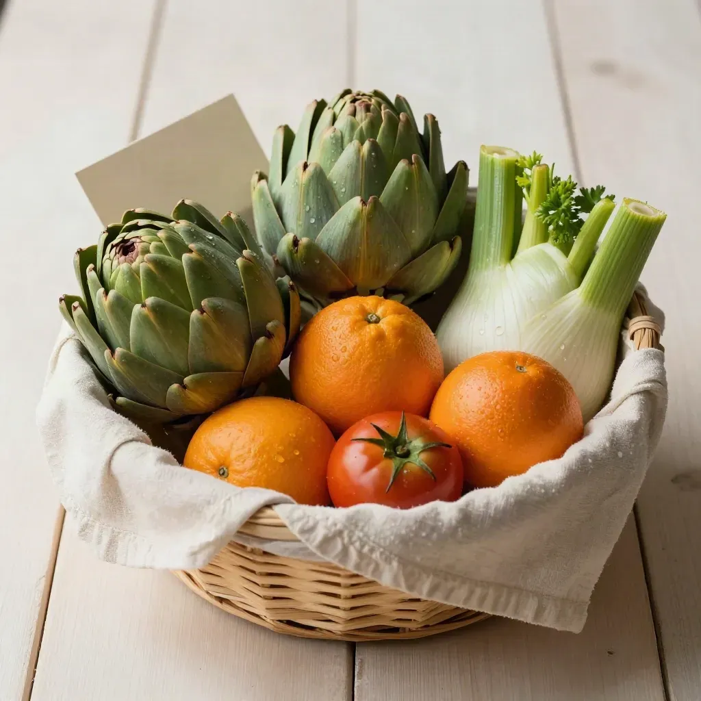 Cesta de mercado con alcachofas, naranjas sanguinas, tomates y hinojo sobre paño crudo.