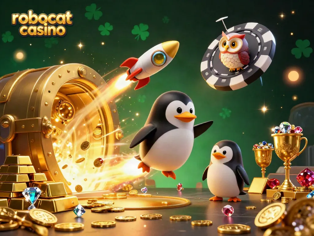Experience the excitement of robocat casino with a 3D illustration featuring a golden penguin amidst dynamic casino elements.