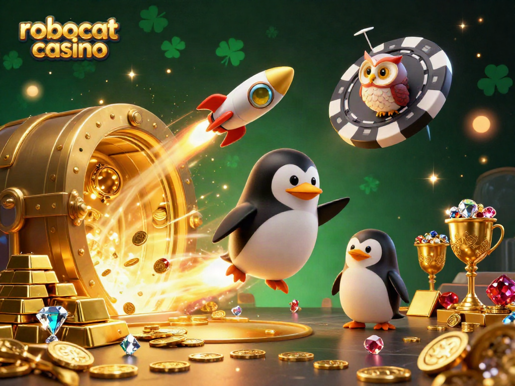 Experience the excitement of robocat casino with a 3D illustration featuring a golden penguin amidst dynamic casino elements.
